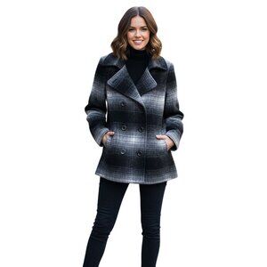 Victoria's Secret Gray Ombre Plaid Wool Blend Peacoat Pockets Warm Size 6